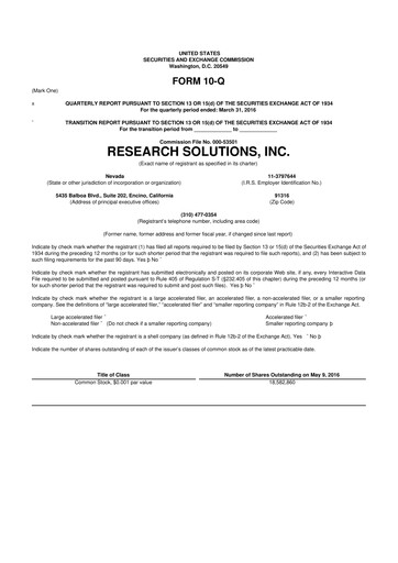 Miniature Research Solutions 10-Q Rapport trimestriel 2016 