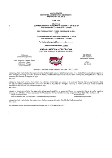 Thumbnail Wabash National
 10-Q Quarterly Report FY2016 