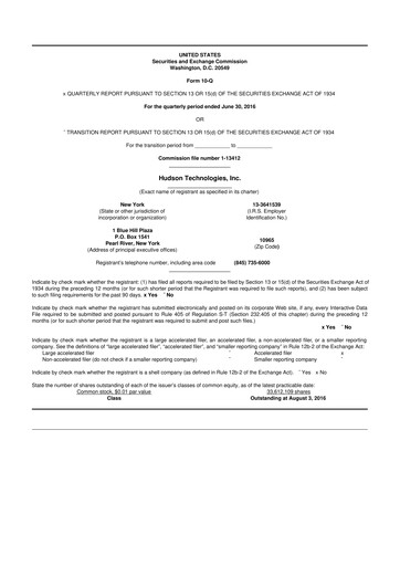 Thumbnail Hudson Technologies 10-Q Quarterly Report FY2016 