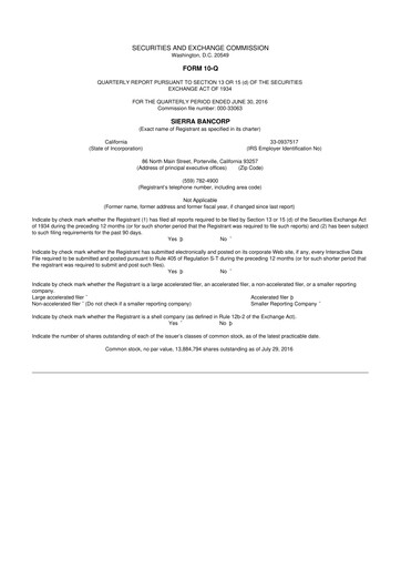 Thumbnail Sierra Bancorp
 10-Q Quarterly Report FY2016 