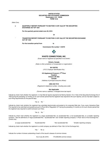 Thumbnail Waste Connections 10-Q Quarterly Report FY2016 