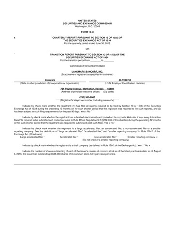 Miniature Landmark Bancorp 10-Q Rapport trimestriel 2016 