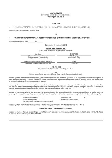 Thumbnail Shore Bancshares 10-Q Quarterly Report FY2016 