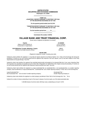 Thumbnail Village Bank and Trust Financial 10-Q Quarterly Report FY2016 