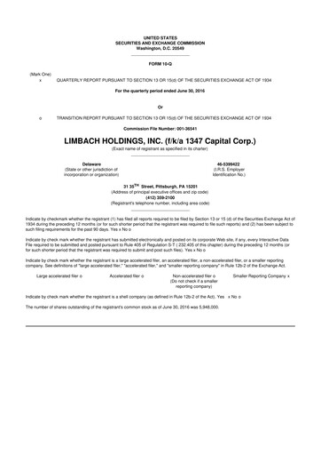 Vorschaubild Limbach Holdings 10-Q Quartalsbericht 2016 