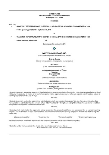 Thumbnail Waste Connections 10-Q Quarterly Report FY2016 
