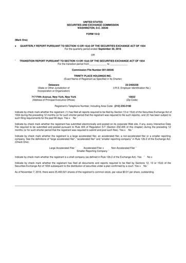 Thumbnail Trinity Place Holdings
 10-Q Quarterly Report FY2016 