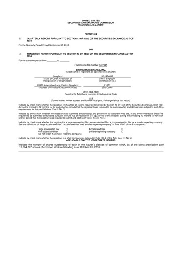 Thumbnail Shore Bancshares 10-Q Quarterly Report FY2016 