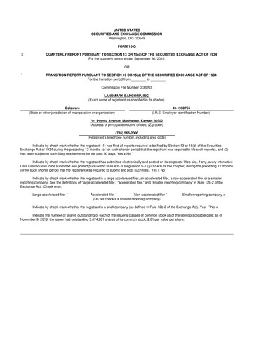 Miniature Landmark Bancorp 10-Q Rapport trimestriel 2016 