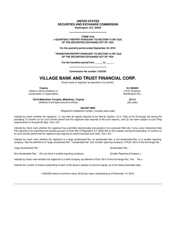 Thumbnail Village Bank and Trust Financial 10-Q Quarterly Report FY2016 