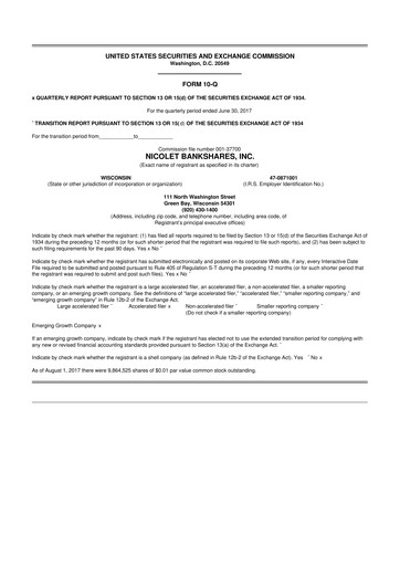 Thumbnail Nicolet Bankshares 10-Q Quarterly Report FY2017 