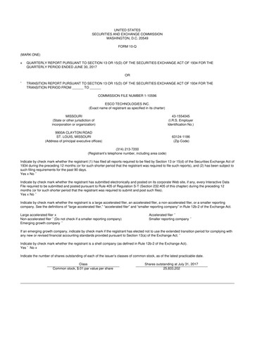 Thumbnail ESCO Technologies
 10-Q Quarterly Report FY2017 