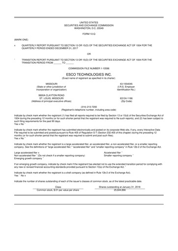 Thumbnail ESCO Technologies
 10-Q Quarterly Report FY2018 
