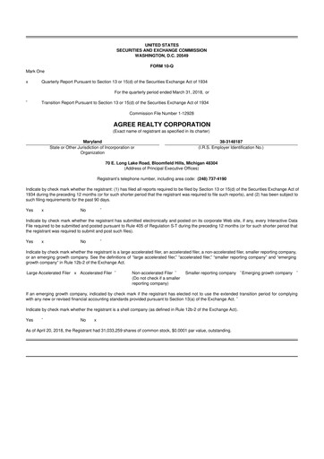 Thumbnail Agree Realty
 10-Q Quarterly Report FY2018 