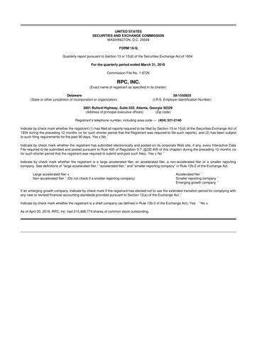 Thumbnail RPC, Inc. 10-Q Quarterly Report FY2018 