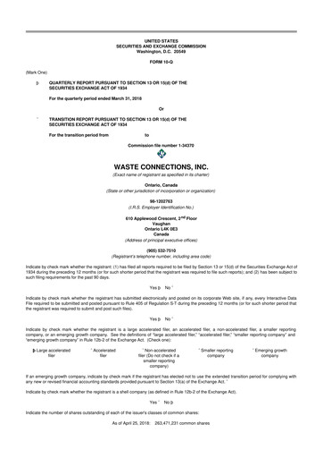 Thumbnail Waste Connections 10-Q Quarterly Report FY2018 