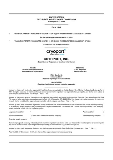Thumbnail CryoPort 10-Q Quarterly Report FY2018 