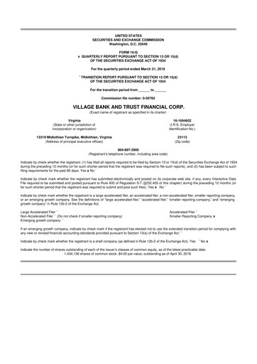 Thumbnail Village Bank and Trust Financial 10-Q Quarterly Report FY2018 