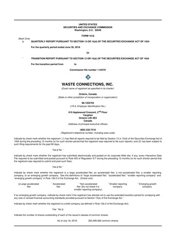 Thumbnail Waste Connections 10-Q Quarterly Report FY2018 