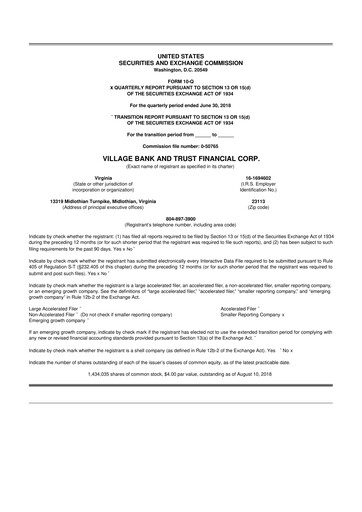Thumbnail Village Bank and Trust Financial 10-Q Quarterly Report FY2018 