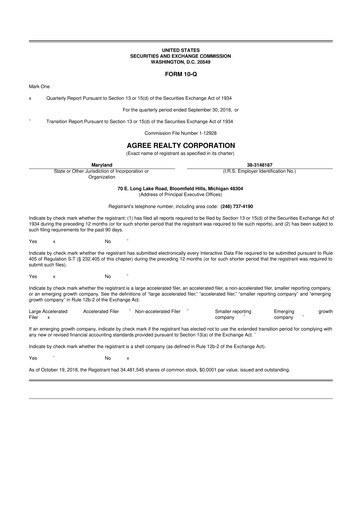 Thumbnail Agree Realty
 10-Q Quarterly Report FY2018 