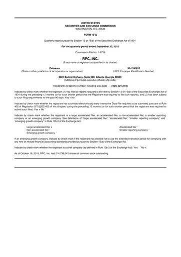 Thumbnail RPC, Inc. 10-Q Quarterly Report FY2018 