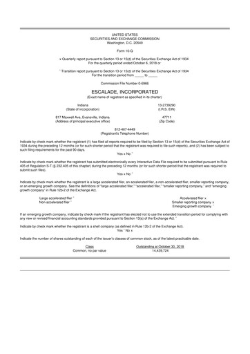 Thumbnail Escalade Sports 10-Q Quarterly Report FY2018 
