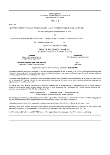Thumbnail Trinity Place Holdings
 10-Q Quarterly Report FY2018 