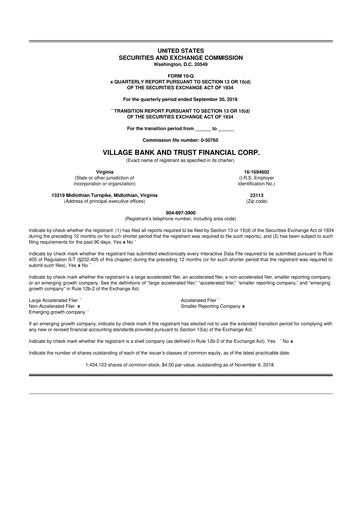 Thumbnail Village Bank and Trust Financial 10-Q Quarterly Report FY2018 