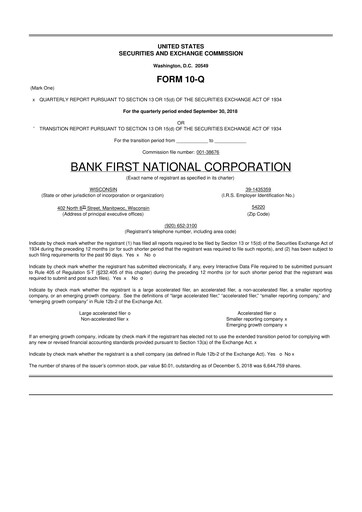 Thumbnail Bank First 10-Q Quarterly Report FY2018 