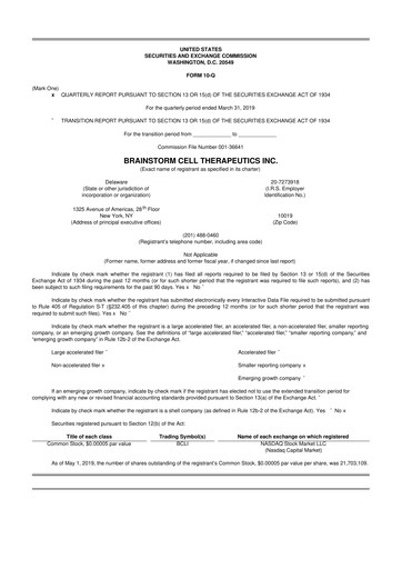 Thumbnail BrainStorm Cell Therapeutics 10-Q Quarterly Report FY2019 