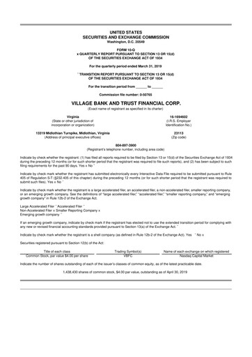 Thumbnail Village Bank and Trust Financial 10-Q Quarterly Report FY2019 