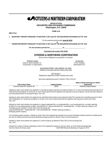 Thumbnail Citizens & Northern Corp 10-Q Quarterly Report FY2019 