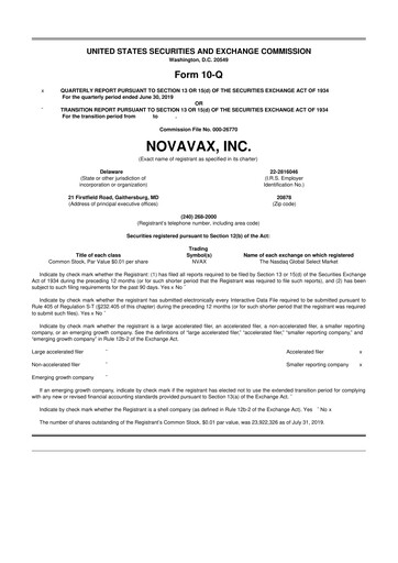 Thumbnail Novavax 10-Q Quarterly Report FY2019 