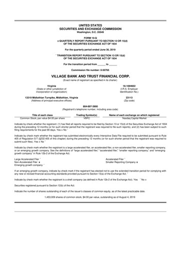 Thumbnail Village Bank and Trust Financial 10-Q Quarterly Report FY2019 