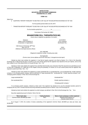 Thumbnail BrainStorm Cell Therapeutics 10-Q Quarterly Report FY2019 