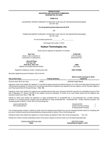 Thumbnail Hudson Technologies 10-Q Quarterly Report FY2019 
