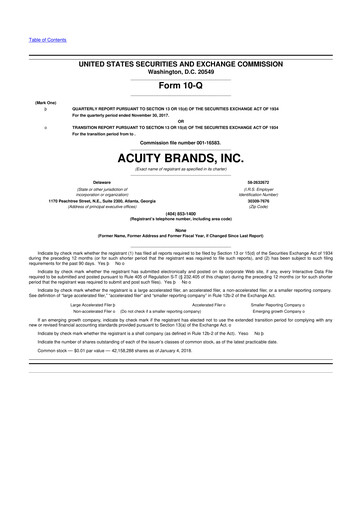 Thumbnail Acuity Brands
 10-Q Quarterly Report FY2018 