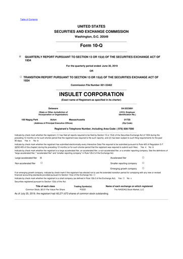 Thumbnail Insulet 10-Q Quarterly Report FY2019 
