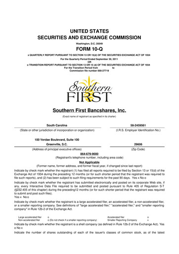 Thumbnail Southern First Bancshares 10-Q Quarterly Report FY2011 