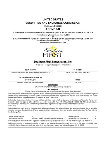 Thumbnail Southern First Bancshares 10-Q Quarterly Report FY2013 