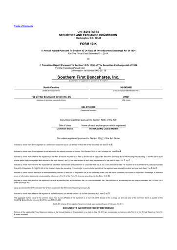 Thumbnail Southern First Bancshares 10-K Annual Report 2014