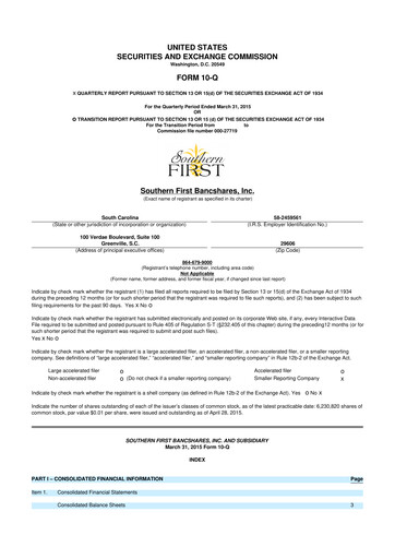 Thumbnail Southern First Bancshares 10-Q Quarterly Report FY2015 