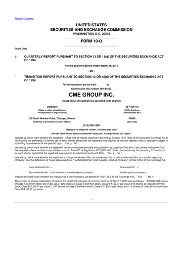 Miniature CME Group 10-Q Rapport trimestriel 2013 