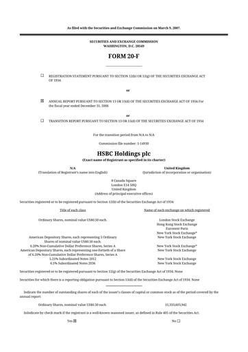 Miniature HSBC 20-F Rapport annuel 