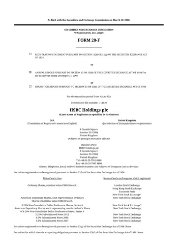 Miniature HSBC 20-F Rapport annuel 