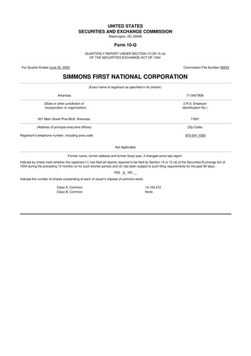 Thumbnail Simmons First National 10-Q Quarterly Report FY 