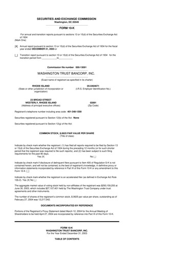 Thumbnail Washington Trust Bancorp 10-K Annual Report 