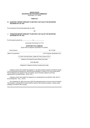 Thumbnail Investors Title Company
 10-Q Quarterly Report FY 