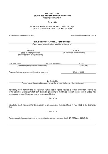 Thumbnail Simmons First National 10-Q Quarterly Report FY 